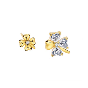 925 Sterling Silver Plated Gold Fashion Simple Four-leafed Clover Asymmetric Stud Earrings with Cubic Zirconia