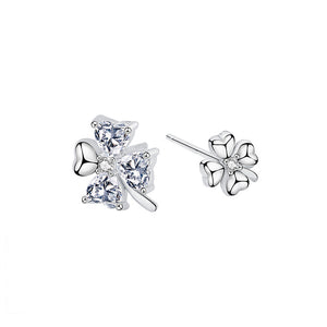 925 Sterling Silver Fashion Simple Four-leafed Clover Asymmetric Stud Earrings with Cubic Zirconia