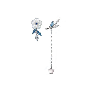 925 Sterling Silver Fashion Temperament Flower Tassel Asymmetrical Stud Earrings with Cubic Zirconia