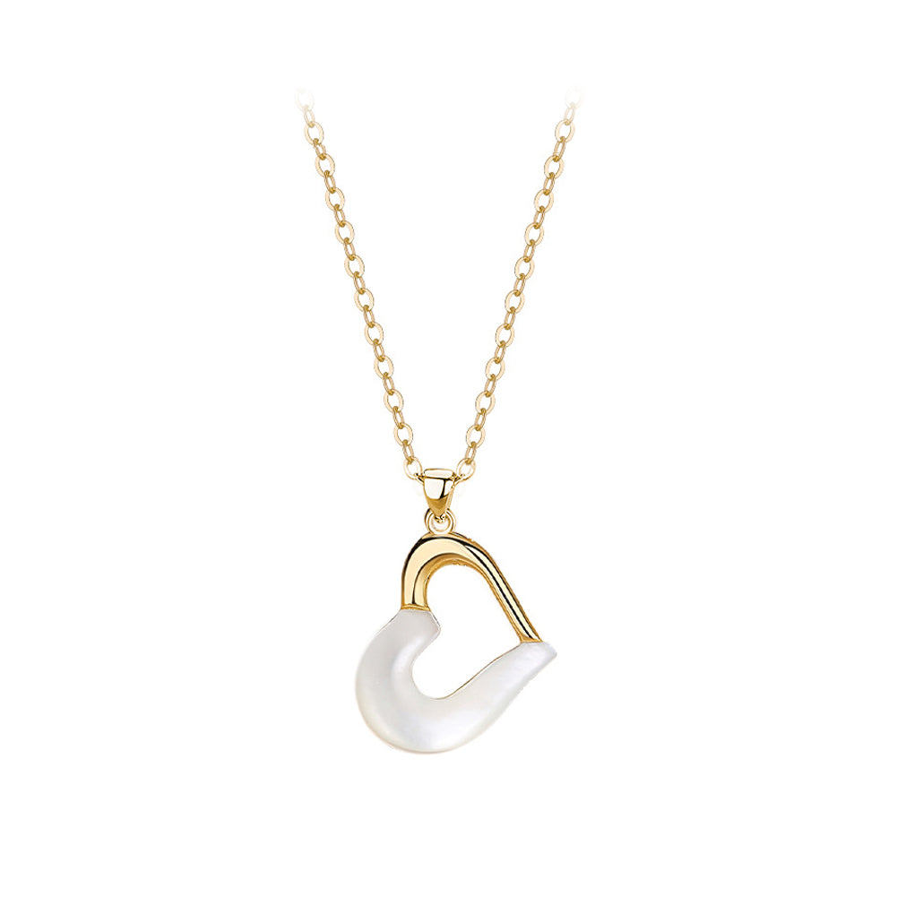 925 Sterling Silver Plated Gold Simple Fashion Hollow Heart Shape Mother-of-Pearl Pendant with Necklace