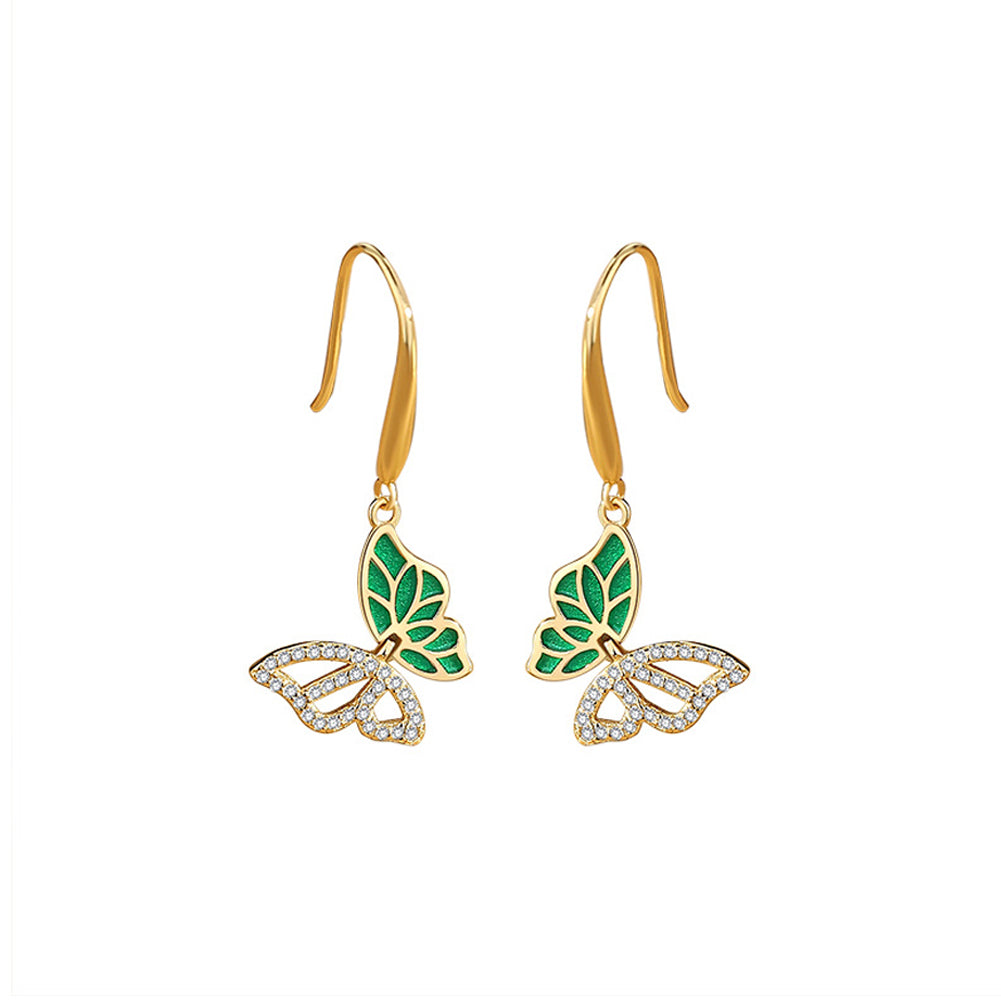 925 Sterling Silver Plated Gold Fashion Elegant Hollow Green Butterfly Earrings with Cubic Zirconia