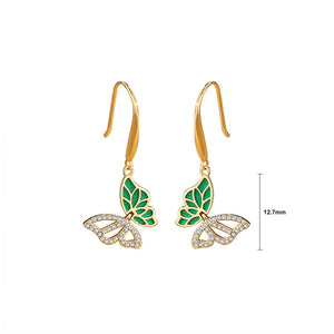 925 Sterling Silver Plated Gold Fashion Elegant Hollow Green Butterfly Earrings with Cubic Zirconia