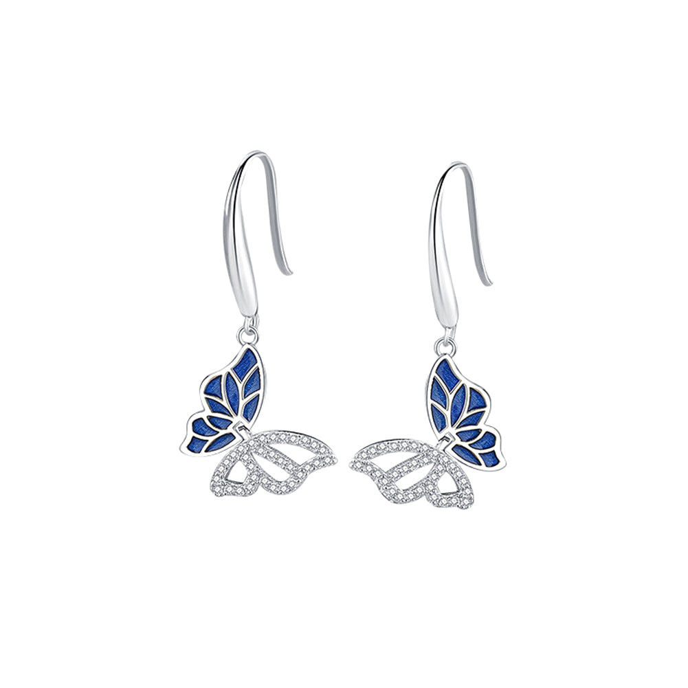 925 Sterling Silver Fashion Elegant Hollow Blue Butterfly Earrings with Cubic Zirconia