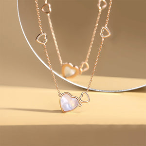 925 Sterling Silver Plated Rose Gold Simple Romantic Double Heart Mother-of-pearl Pendant with Necklace