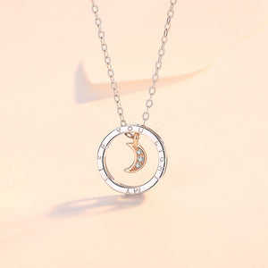 925 Sterling Silver Fashion Simple Rose Gold Moon Geometric Circle Pendant with Cubic Zirconia and Necklace