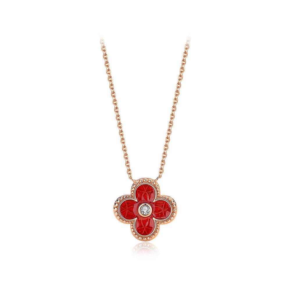925 Sterling Silver Plated Rose Gold Simple Temperament Enamel Red Four-leafed Clover Pendant with Cubic Zirconia and Necklace