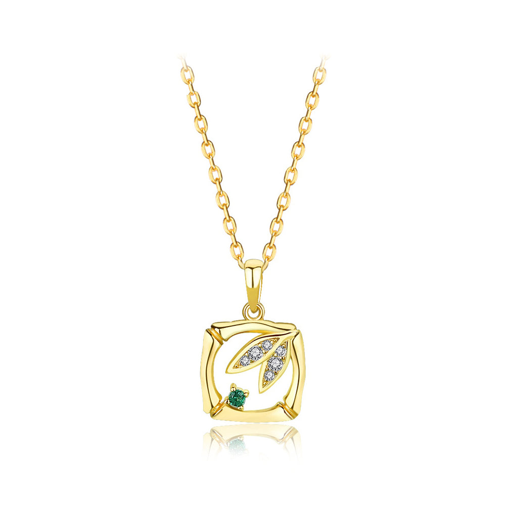925 Sterling Silver Plated Gold Fashion Vintage Leaf Bamboo Cube Pendant with Cubic Zirconia and Necklace