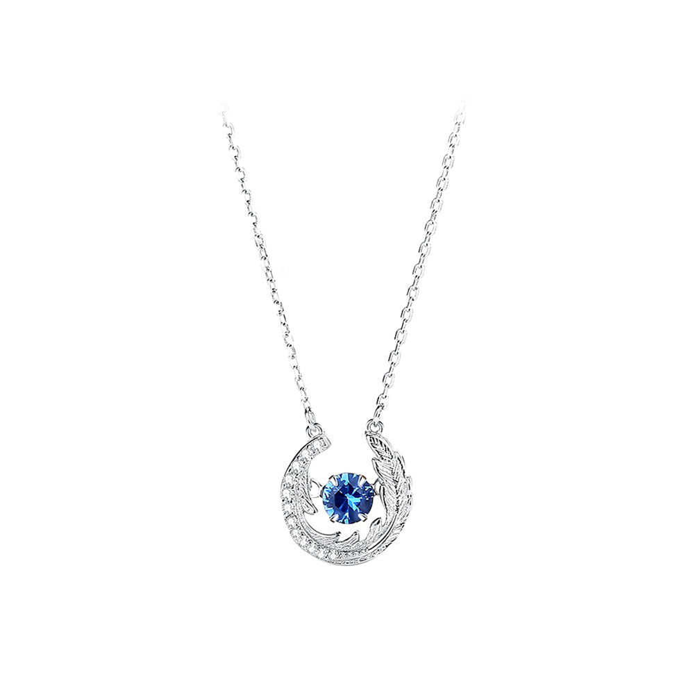925 Sterling Silver Fashion Feather Geometric Pendant with Blue Cubic Zirconia and Necklace