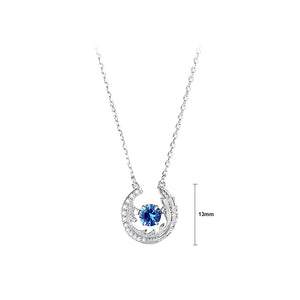 925 Sterling Silver Fashion Feather Geometric Pendant with Blue Cubic Zirconia and Necklace