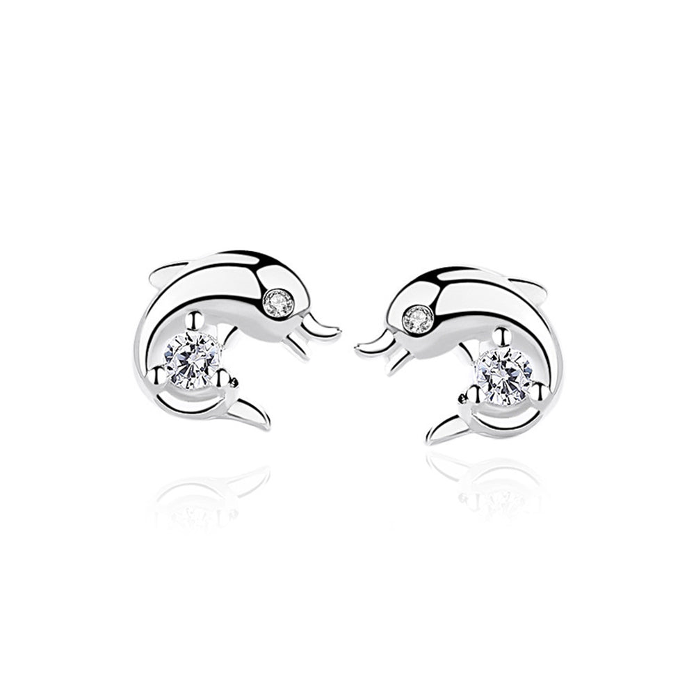 925 Sterling Silver Simple Cute Dolphin Stud Earrings with Cubic Zirconia