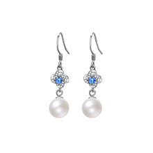 Load image into Gallery viewer, 925 Sterling Silver Fashion Elegant Four-leafed Clover Imitation Pearl Earrings with Blue Cubic Zirconia