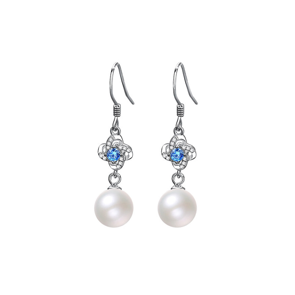 925 Sterling Silver Fashion Elegant Four-leafed Clover Imitation Pearl Earrings with Blue Cubic Zirconia