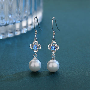 925 Sterling Silver Fashion Elegant Four-leafed Clover Imitation Pearl Earrings with Blue Cubic Zirconia