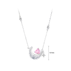 925 Sterling Silver Fashion Simple Moon Pink Heart Pendant with Cubic Zirconia and Necklace