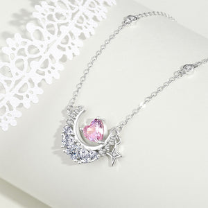 925 Sterling Silver Fashion Simple Moon Pink Heart Pendant with Cubic Zirconia and Necklace