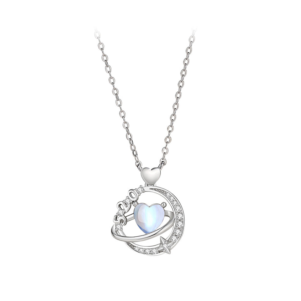 925 Sterling Silver Romantic Creative Heart-Shaped Moonstone Planet Pendant with Cubic Zirconia and Necklace