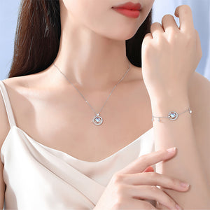 925 Sterling Silver Romantic Creative Heart-Shaped Moonstone Planet Pendant with Cubic Zirconia and Necklace