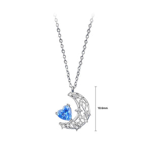925 Sterling Silver Fashion Simple Hollow Moon Blue Heart Pendant with Cubic Zirconia and Necklace