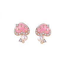 Load image into Gallery viewer, 925 Sterling Silver Plated Rose Gold Fashion Simple Enamel Mushroom Heart Imitation Pearl Stud Earrings with Cubic Zirconia