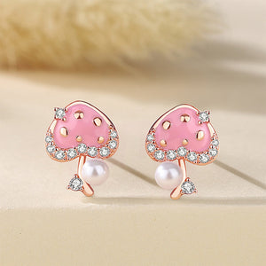 925 Sterling Silver Plated Rose Gold Fashion Simple Enamel Mushroom Heart Imitation Pearl Stud Earrings with Cubic Zirconia