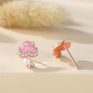 925 Sterling Silver Plated Rose Gold Fashion Simple Enamel Mushroom Heart Imitation Pearl Stud Earrings with Cubic Zirconia