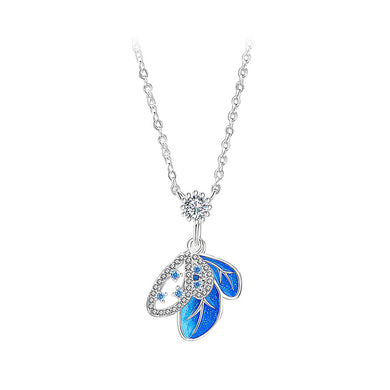 925 Sterling Silver Fashion Temperament Enamel Blue Butterfly Pendant with Cubic Zirconia and Necklace