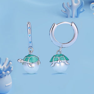 925 Sterling Silver Fashion Cute Turtle Imitation Pearl Earrings with Cubic Zirconia