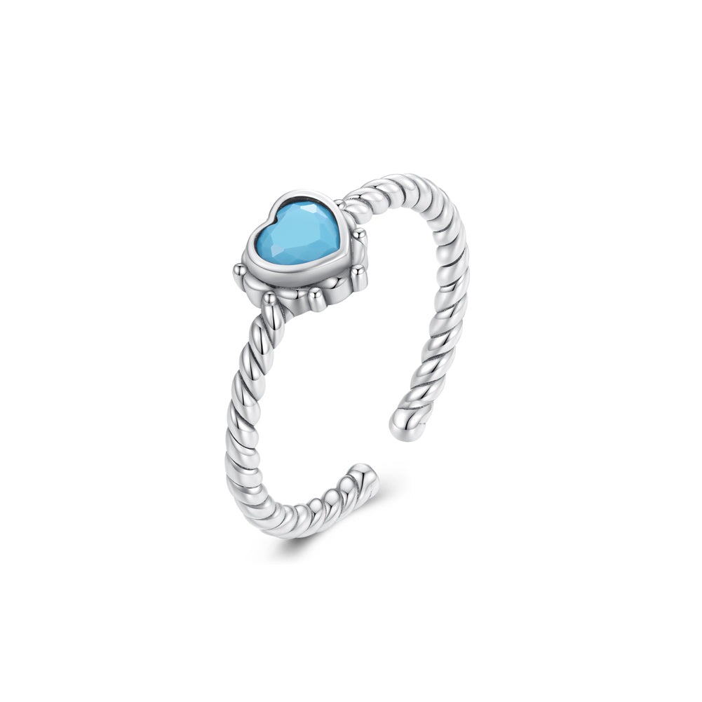925 Sterling Silver Fashion Simple Heart Twist Geometric Adjustable Open Ring with Blue Cubic Zirconia