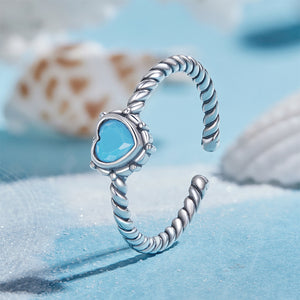 925 Sterling Silver Fashion Simple Heart Twist Geometric Adjustable Open Ring with Blue Cubic Zirconia
