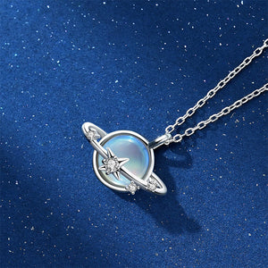 925 Sterling Silver Fashion Creative Planet Moonstone Star Pendant with Cubic Zirconia and Necklace