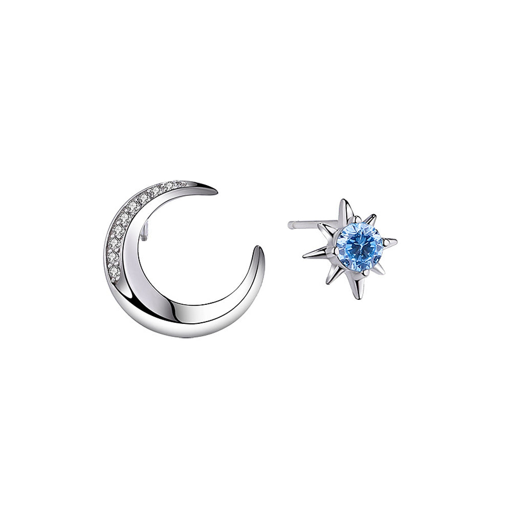 925 Sterling Silver Fashion Simple Moon Star Asymmetric Stud Earrings with Cubic Zirconia