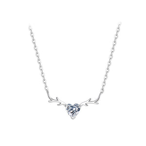 925 Sterling Silver Fashion Simple Heart Antler Pendant with Cubic Zirconia and Necklace