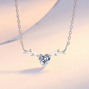 925 Sterling Silver Fashion Simple Heart Antler Pendant with Cubic Zirconia and Necklace