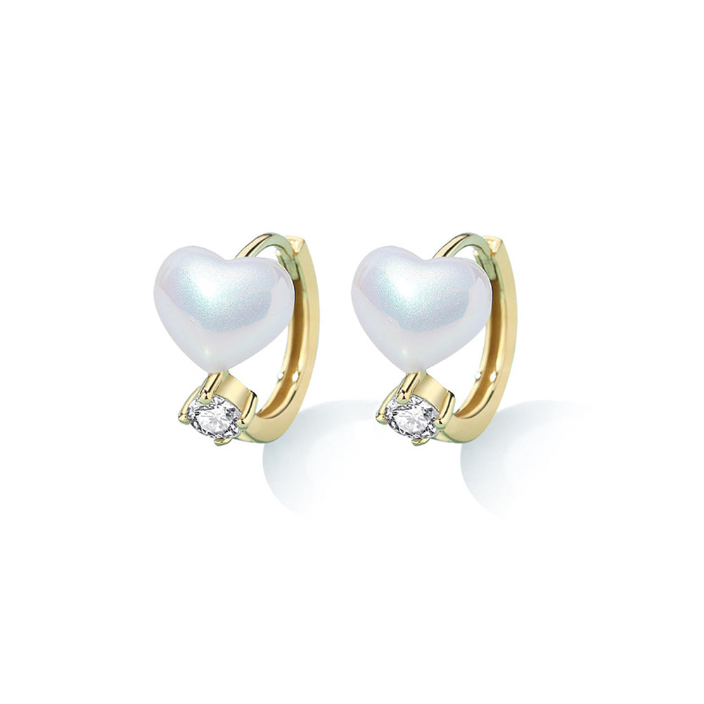 925 Sterling Silver Plated Gold Simple Temperament Heart-shaped Imitation Pearl Geometric Earrings with Cubic Zirconia