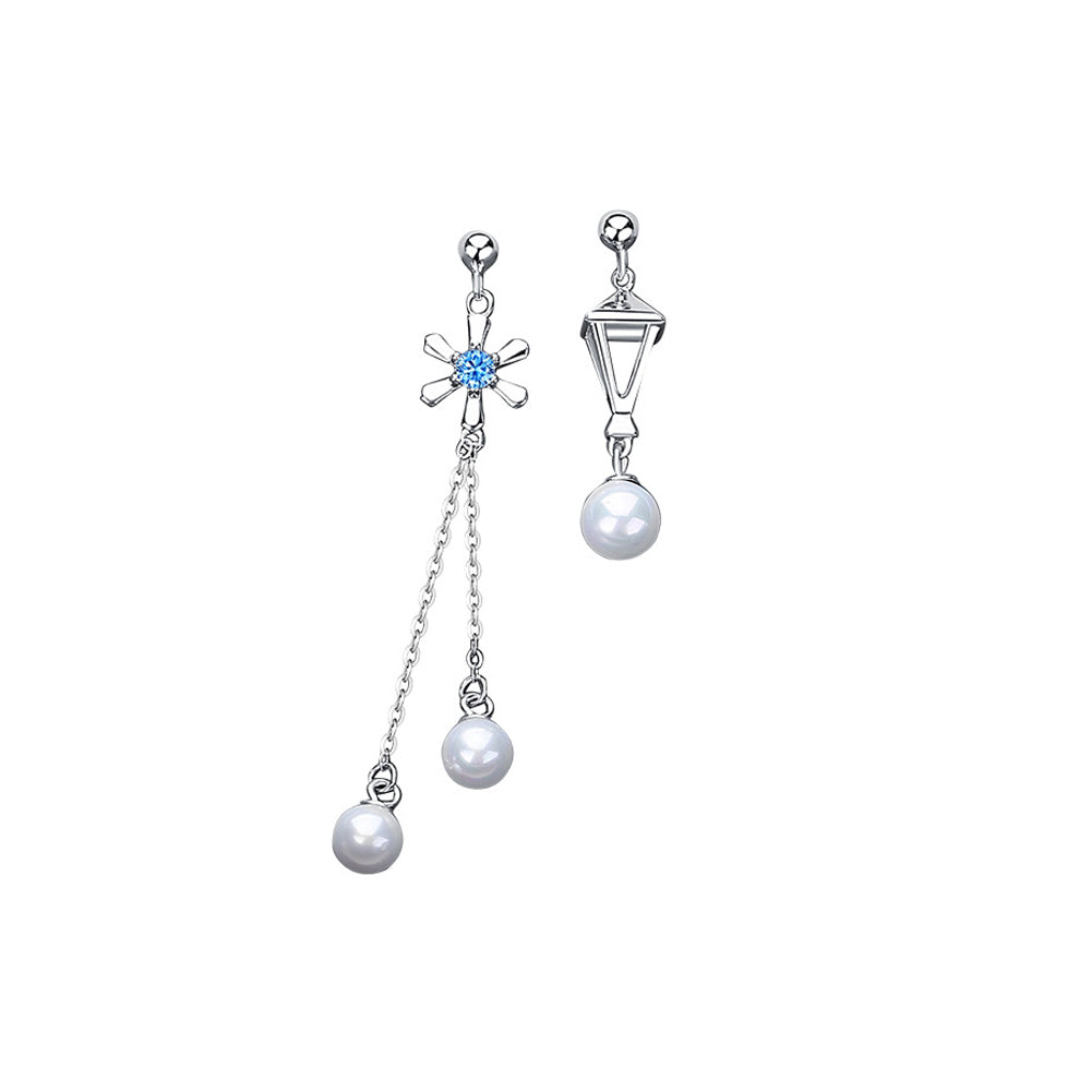 925 Sterling Silver Fashion Personality Snowflake Tassel Imitation Pearl Asymmetrical Earrings with Cubic Zirconia