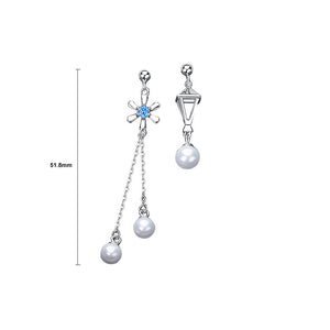 925 Sterling Silver Fashion Personality Snowflake Tassel Imitation Pearl Asymmetrical Earrings with Cubic Zirconia