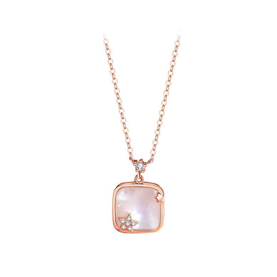 925 Sterling Silver Plated Rose Gold Fashion Temperament Star Geometric Square Mother-of-pearl Pendant with Cubic Zirconia and Necklace