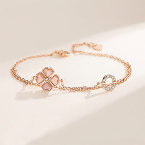 925 Sterling Silver Plated Rose Gold Fashion Elegant Four-leafed Clover Circle Double Layer Bracelet with Cubic Zirconia