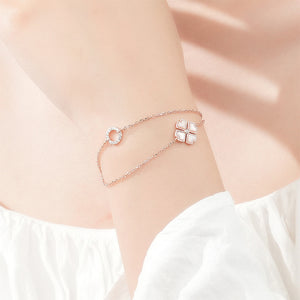 925 Sterling Silver Plated Rose Gold Fashion Elegant Four-leafed Clover Circle Double Layer Bracelet with Cubic Zirconia