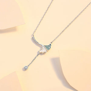 925 Sterling Silver Fashion Simple Ginkgo Leaf Tassel Pendant with Cubic Zirconia and Necklace