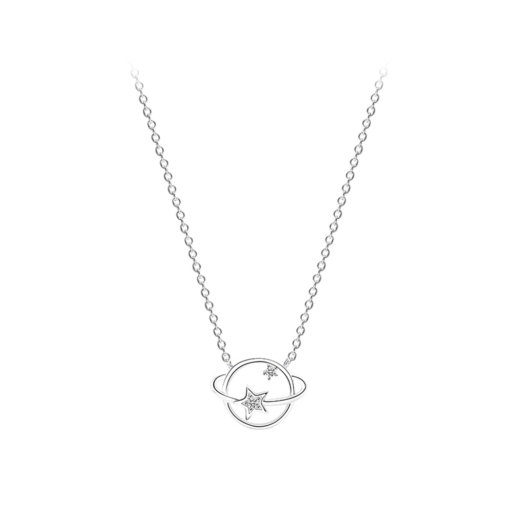 925 Sterling Silver Simple and Elegant Hollow Planet Pendant with Cubic Zirconia and Necklace