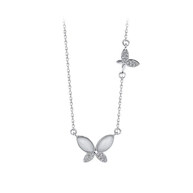 925 Sterling Silver Fashion Elegant Butterfly Imitation Opal Pendant with Cubic Zirconia and Necklace