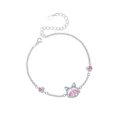 925 Sterling Silver Cute and Sweet Cat Bracelet with Pink Cubic Zirconia