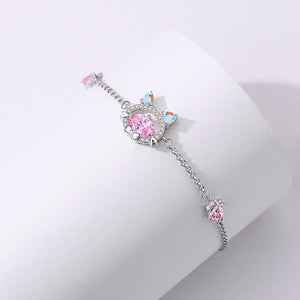 925 Sterling Silver Cute and Sweet Cat Bracelet with Pink Cubic Zirconia
