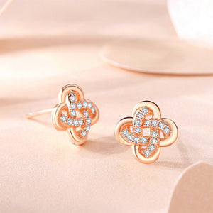 925 Sterling Silver Plated Rose Gold Simple Temperament Four-leafed Clover Stud Earrings with Cubic Zirconia