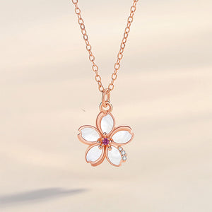 925 Sterling Silver Plated Rose Gold Fashion Temperament Cherry Blossom Mother-of-pearl Pendant with Cubic Zirconia and Necklace