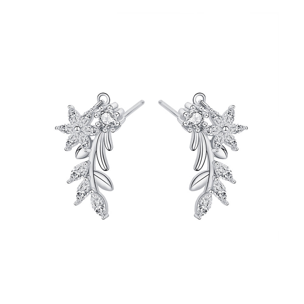 925 Sterling Silver Fashion Temperament Flower Leaf Stud Earrings with Cubic Zirconia