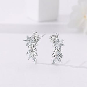 925 Sterling Silver Fashion Temperament Flower Leaf Stud Earrings with Cubic Zirconia
