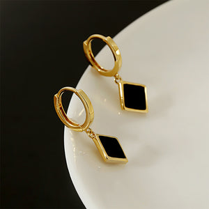925 Sterling Silver Plated Gold Simple Fashion Enamel Black Diamond Geometric Earrings