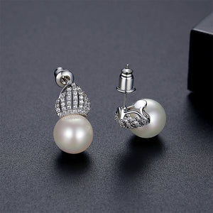 Fashion and Elegant Crown Imitation Pearl Stud Earrings with Cubic Zirconia